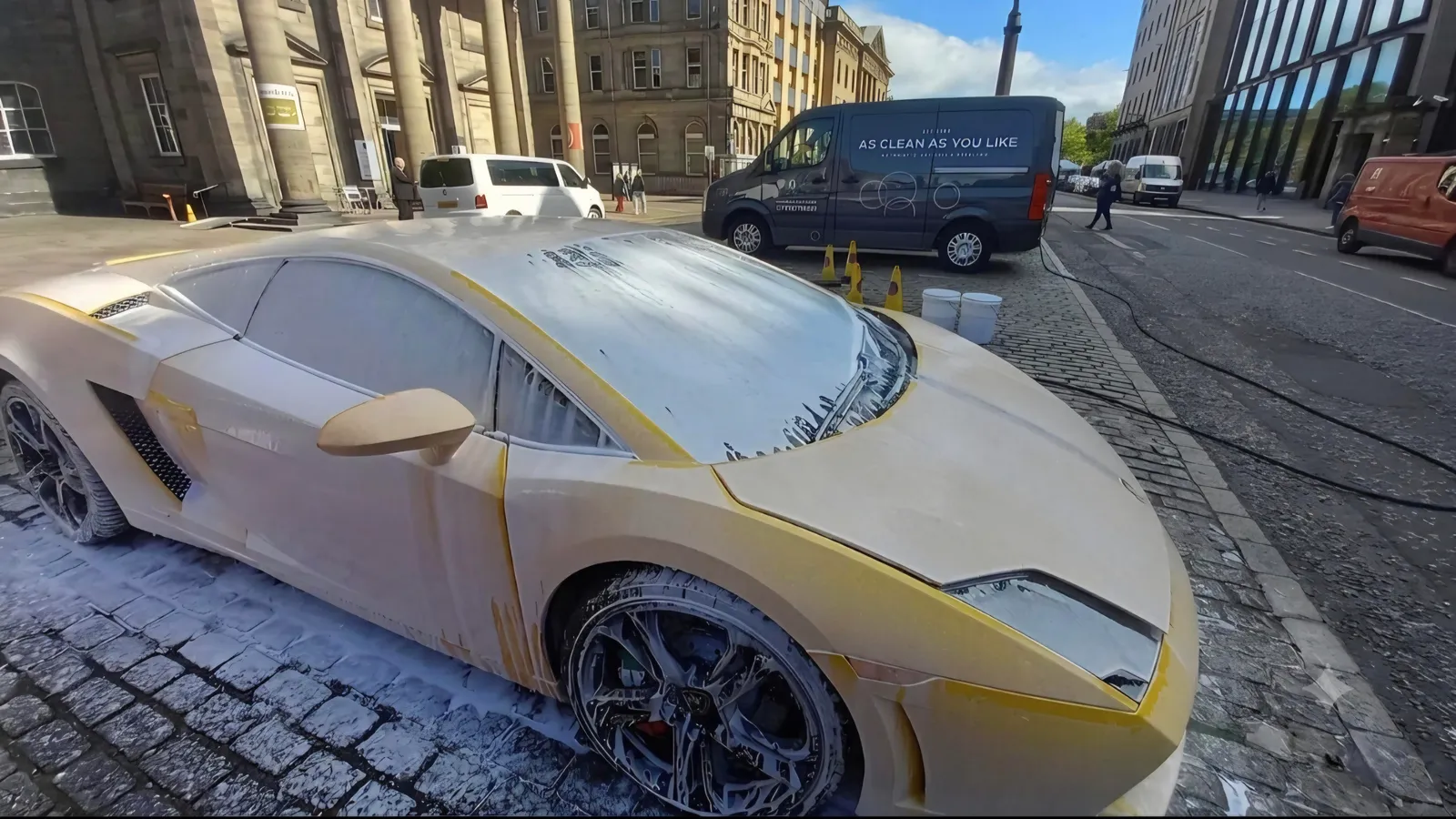 AS-CLEAN snow foam pre-wash on a Lamborghini Gallardo on George Street in Edinburgh's New Town