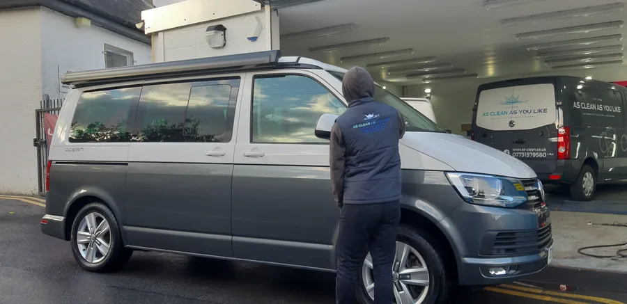 AS-CLEAN technician inspecting a liveried commercial van ahead of a fleet valet at our Edinburgh depot
